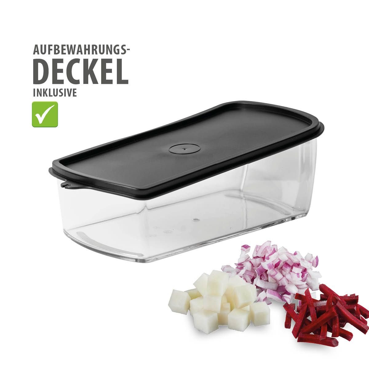 Groentesnijder, Blokjes, Reepjes & Schijvensnijder, Multichopper, 3 messen, 1L, Vaatwasserbestendig, Zwart, Kunststof, RVS - GEFU | Treppo