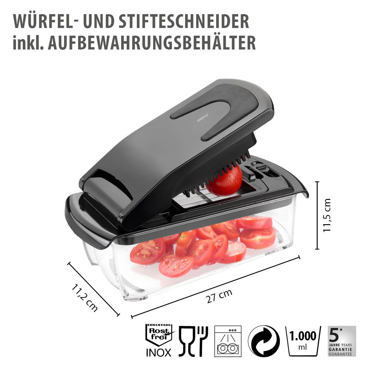 Groentesnijder, Blokjes, Reepjes & Schijvensnijder, Multichopper, 3 messen, 1L, Vaatwasserbestendig, Zwart, Kunststof, RVS - GEFU | Treppo