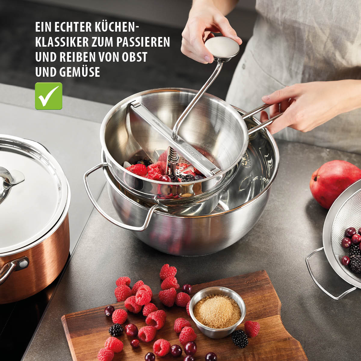 Passeerzeef, Roerzeef, Passe Vite, Inclusief 3 schijven (1/3/8mm), 2L, RVS, Vaatwasmachinebestendig - GEFU | Flotte Lotte