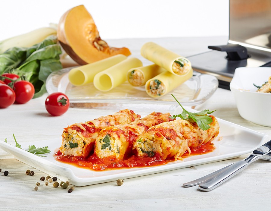 Gevulde cannelloni met pompoen en snijbiet