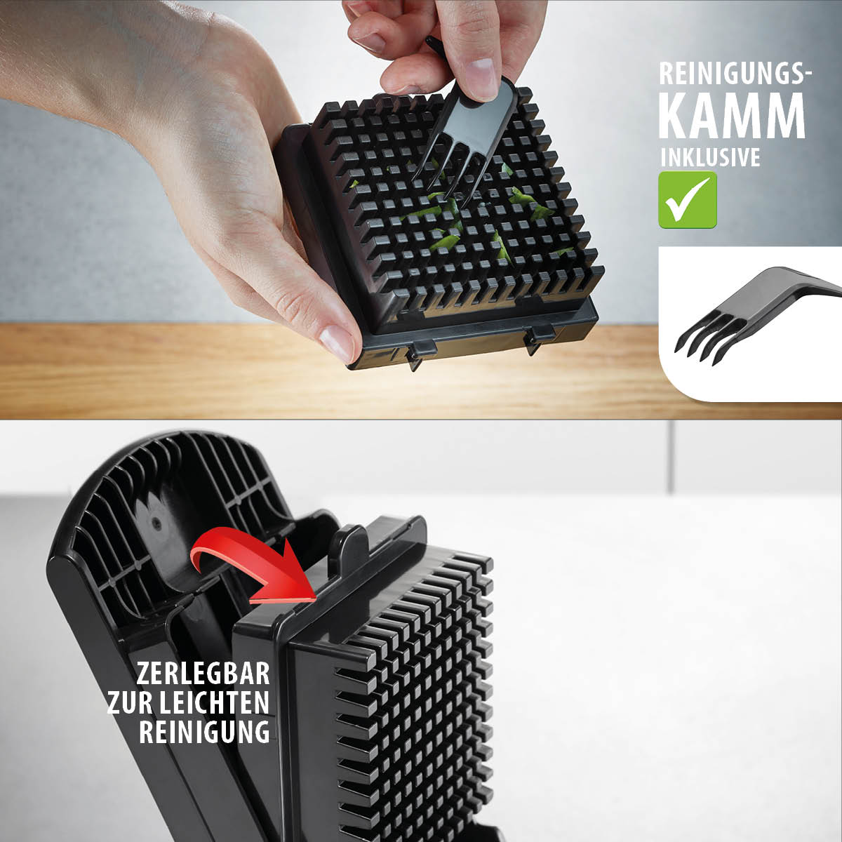 Groentesnijder, Blokjes, Reepjes & Schijvensnijder, Multichopper, 3 messen, 1L, Vaatwasserbestendig, Zwart, Kunststof, RVS - GEFU | Treppo