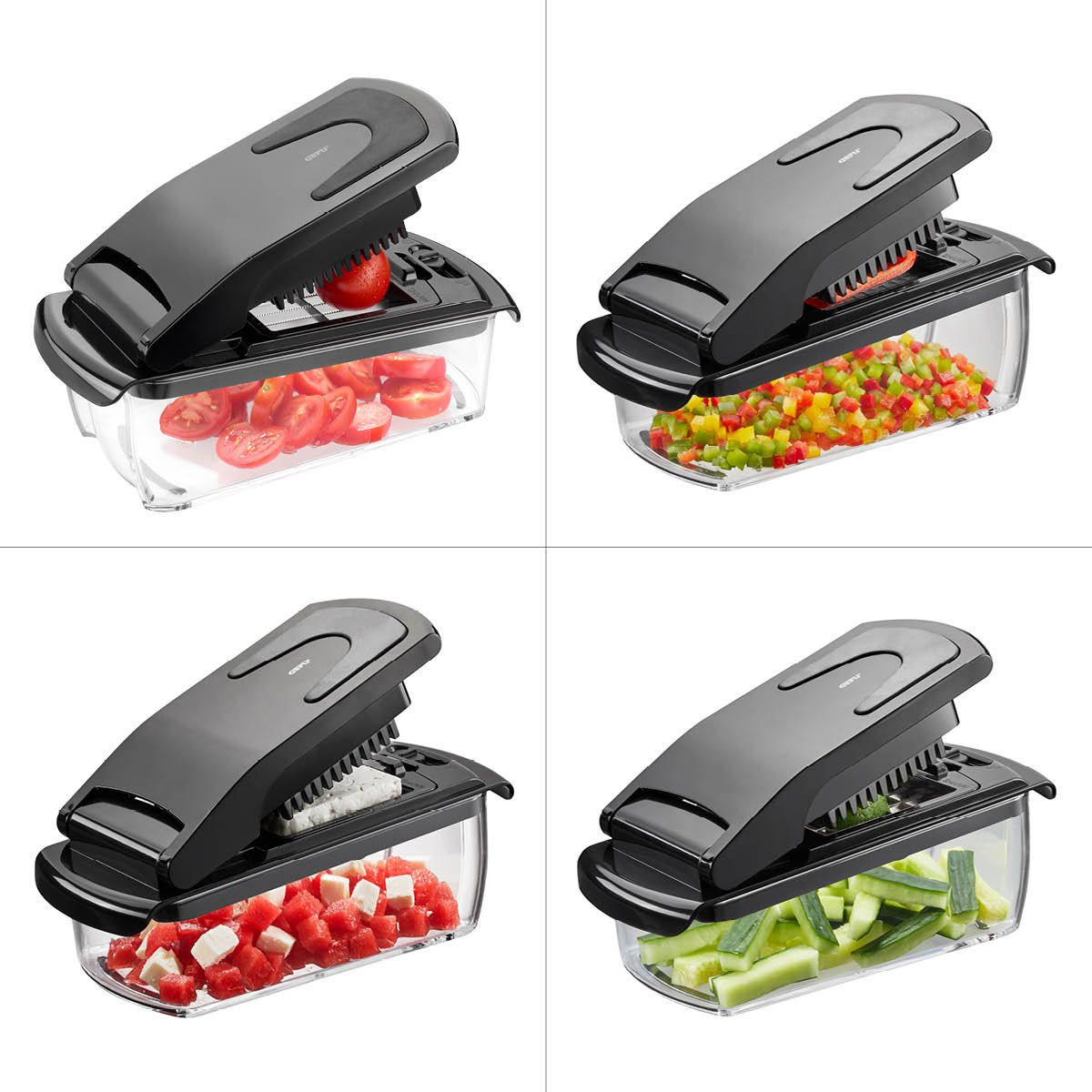 Groentesnijder, Blokjes, Reepjes & Schijvensnijder, Multichopper, 3 messen, 1L, Vaatwasserbestendig, Zwart, Kunststof, RVS - GEFU | Treppo