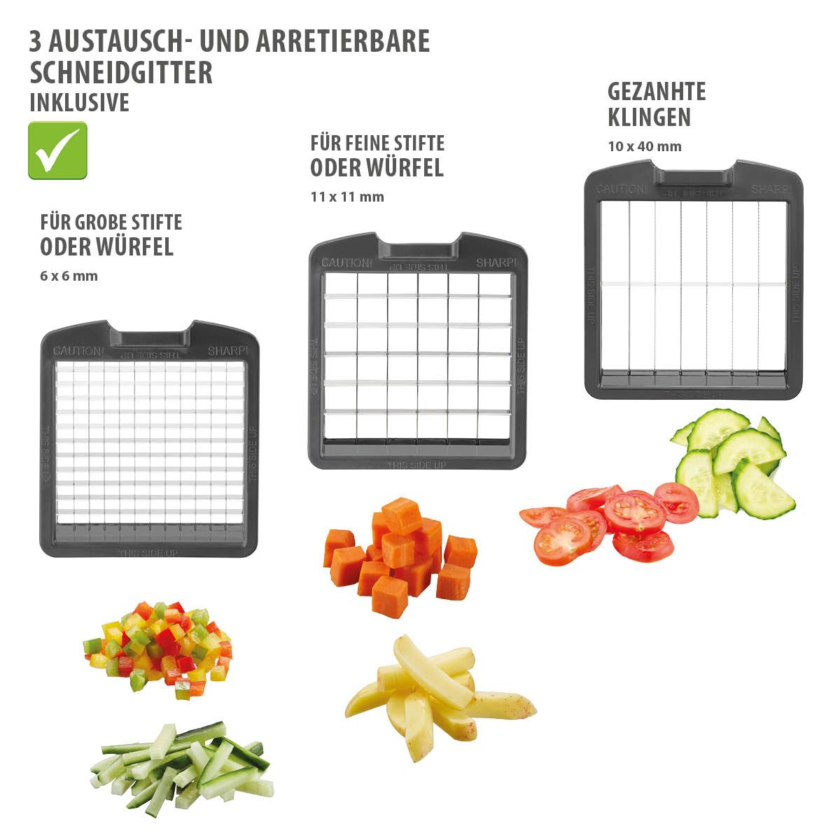 Groentesnijder, Blokjes, Reepjes & Schijvensnijder, Multichopper, 3 messen, 1L, Vaatwasserbestendig, Zwart, Kunststof, RVS - GEFU | Treppo