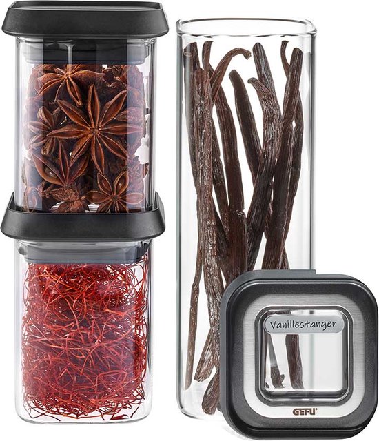 Voorraadbussenset, 3 stuks (2x 180 ml + 400 ml), Vierkant, Glas, Stapelbaar, Incl. stickers/labels - GEFU | PANTRY
